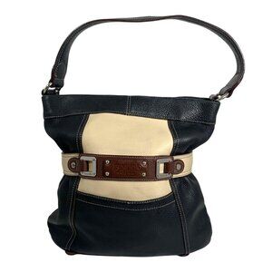 Tignanello Black Ivory Brown Colorblock Pebble Leather Buckle Shoulder Bag